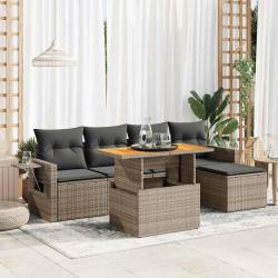 Salon de jardin 6 pcs avec coussins gris r&eacute;sine tress&eacute;e