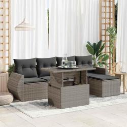 Salon de jardin 6 pcs avec coussins gris r&eacute;sine tress&eacute;e
