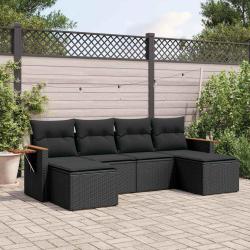 Salon de jardin 6 pcs avec coussins noir r&eacute;sine tress&eacute;e