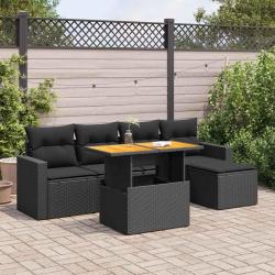Salon de jardin 6 pcs avec coussins noir r&eacute;sine tress&eacute;e