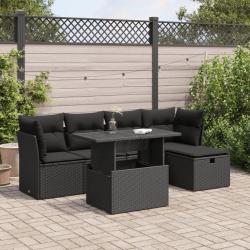 Salon de jardin 6 pcs avec coussins noir r&eacute;sine tress&eacute;e