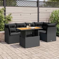 Salon de jardin 6 pcs avec coussins noir r&eacute;sine tress&eacute;e