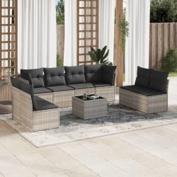Salon de jardin 9 pcs avec coussins gris clair r&eacute;sine tress&eacute;e
