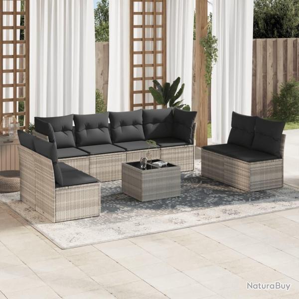 Salon de jardin 9 pcs avec coussins gris clair r�sine tress�e
