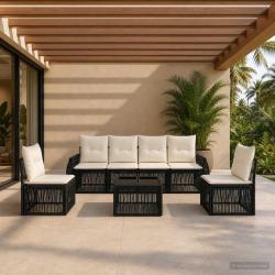 Ensemble de canap&eacute; de jardin 7 pcs Noir et blanc cr&egrave;me