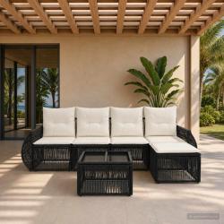 Ensemble de canap&eacute; de jardin 6 pcs Noir et blanc cr&egrave;me