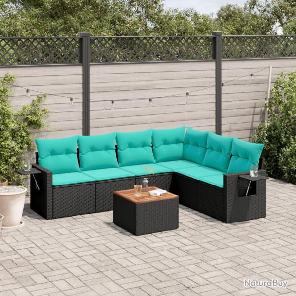 Ensemble de canap� de jardin 7 pcs avec coussins noir r�sine tress�e