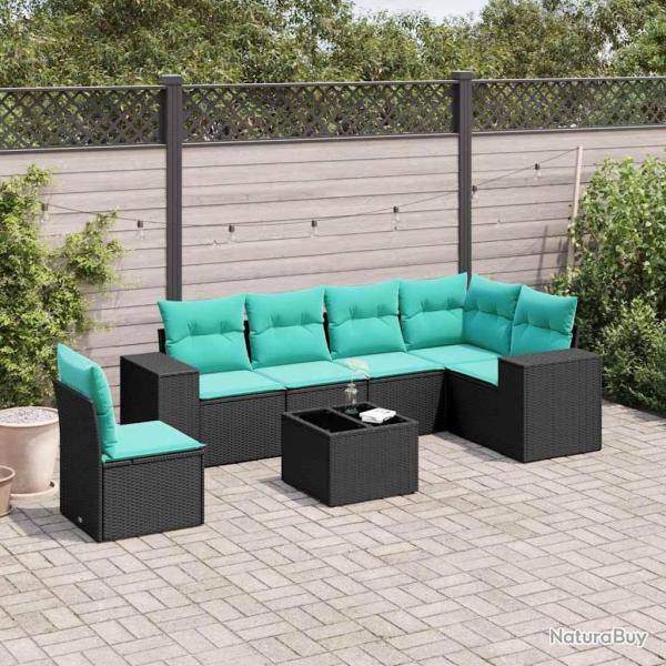 Ensemble de canap� de jardin 7 pcs avec coussins noir r�sine tress�e