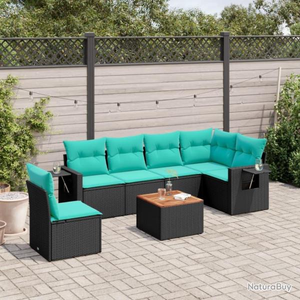 Ensemble de canap� de jardin 7 pcs avec coussins noir r�sine tress�e