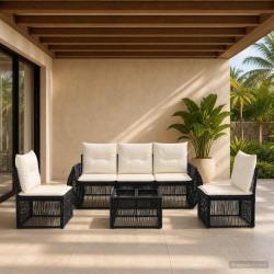 Ensemble de canap&eacute; de jardin 6 pcs Noir et blanc cr&egrave;me
