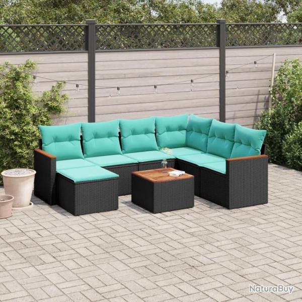 Ensemble de canap� de jardin 8 pcs avec coussins noir r�sine tress�e