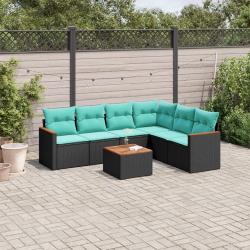 Ensemble de canap&eacute; de jardin 7 pcs avec coussins noir r&eacute;sine tress&eacute;e