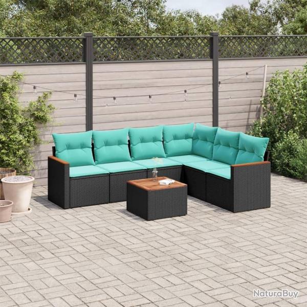 Ensemble de canap� de jardin 7 pcs avec coussins noir r�sine tress�e
