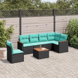 Ensemble de canap&eacute; de jardin 7 pcs avec coussins noir r&eacute;sine tress&eacute;e