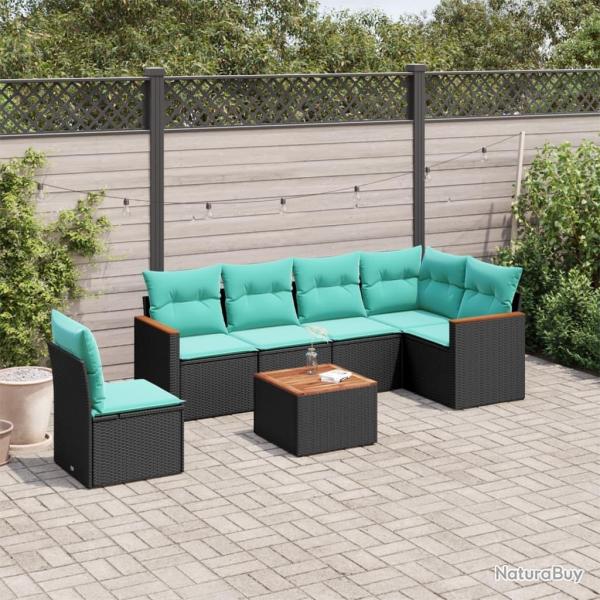 Ensemble de canap� de jardin 7 pcs avec coussins noir r�sine tress�e