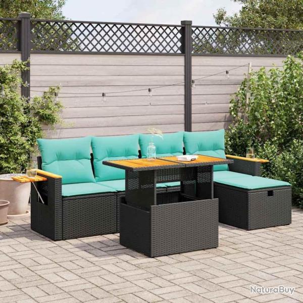 Salon de jardin 6 pcs avec coussins noir r�sine tress�e acacia