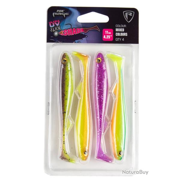 Leurre Souple Fox Rage Slick Shad Mixed Colour Pack 11cm Par 4 UV Green Pumpkin / UV Sun Dance / UV 