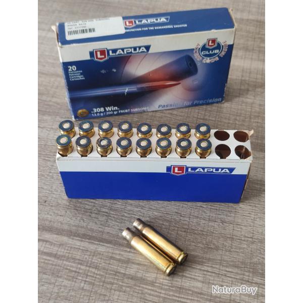 1 bo�te de 15 cartouches LAPUA 308 Winchester 13g 200gr FMJBT subsonic + 1 cartouche offerte