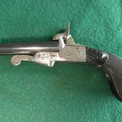 Beau pistolet de poche &agrave; 2 canons juxtapos&eacute;s Cal.7mm &agrave; broche