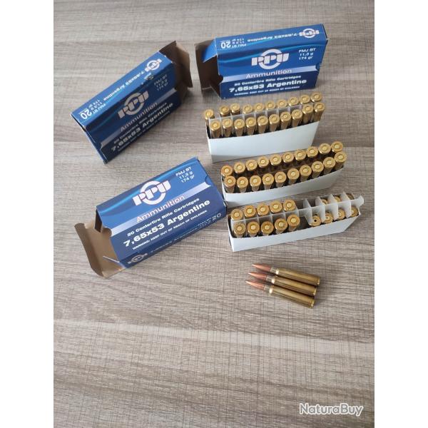 Lot X50 cartouches 7,65X53 Argentine FMJ  BT PPU Partizan + 3 cartouches offertes
