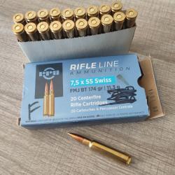 1 bo&icirc;te X20 cartouches 7,5x55 Suisse PPU Partizan FMJ BT 174gr 11,3g