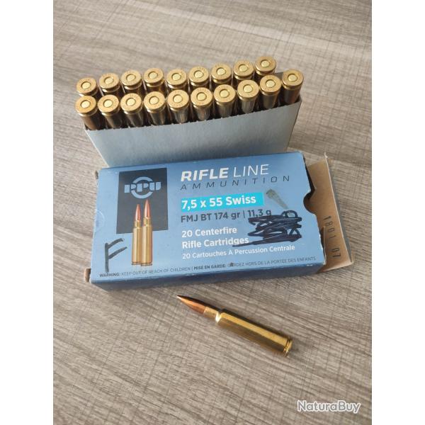 1 bo�te X20 cartouches 7,5x55 Suisse PPU Partizan FMJ BT 174gr 11,3g