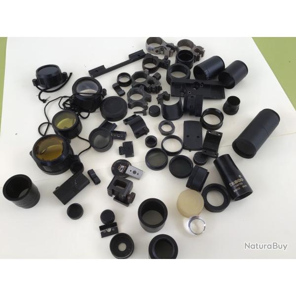IMPORTANT LOT DE COLLIERS ,BONNETTES , PI�CES ET BOUCHONS POUR LUNETTES DE VIS�E FUSIL ET CARABINES