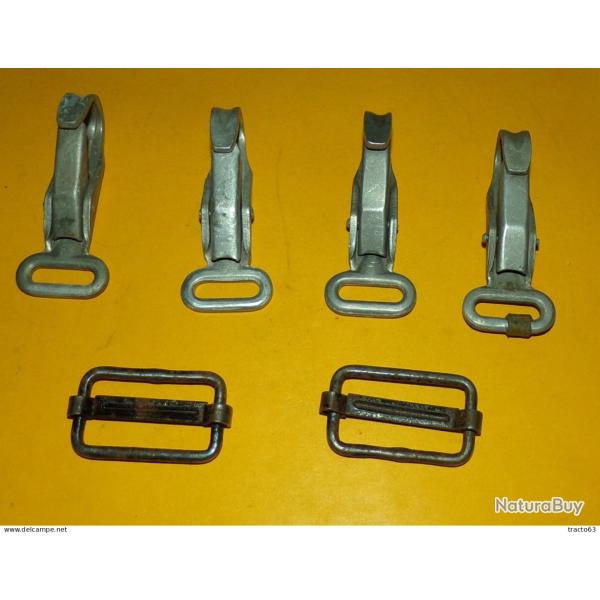 LOT DE 4 CROCHETS ARGENTES + 2 PASSANT EN METAL POUR REPARATION MUSETTE OU SAC,BON ETAT VOIR PHOTOS.
