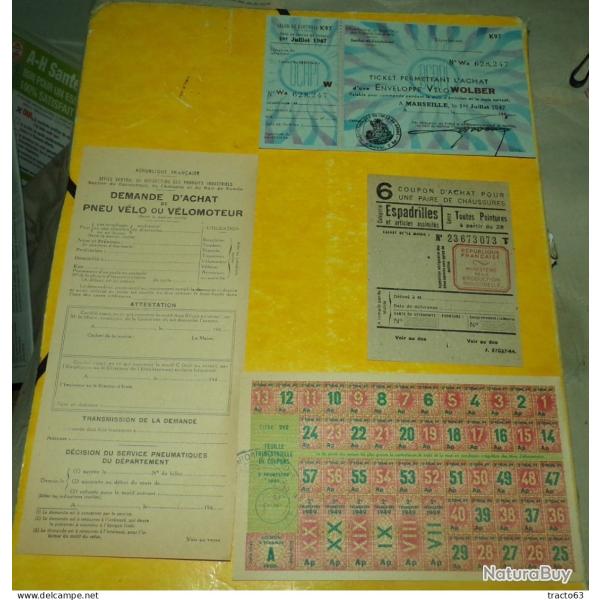 LOT DE 4 TICKETS DE RATIONNEMENT D'ACHAT PENDANT LA GUERRE 1939-1945 WWII POUR L'ACHAT D'ESPADRILLES