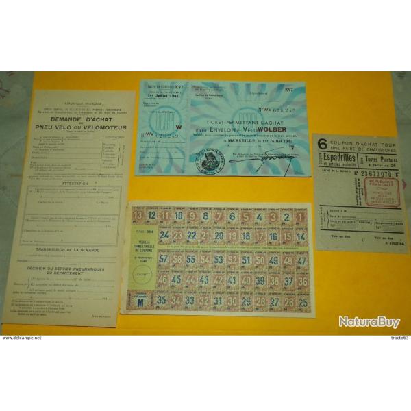 LOT DE 4 TICKETS DE RATIONNEMENT D'ACHAT PENDANT LA GUERRE 1939-1945 WWII POUR L'ACHAT PNEU DE VELO