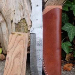 Lame Drop Point Damas 256 Couches Lame A Customiser Le Manche Plaquettes Bois + Etui Cuir Artisanat