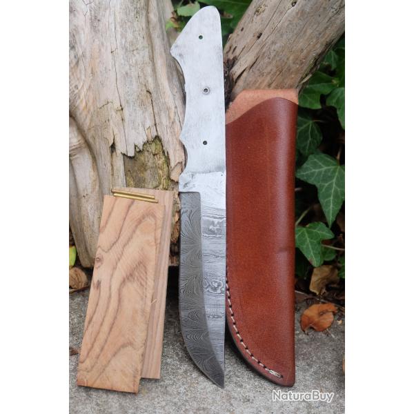 Lame Drop Point Damas 256 Couches Lame A Customiser Le Manche Plaquettes Bois + Etui Cuir Artisanat