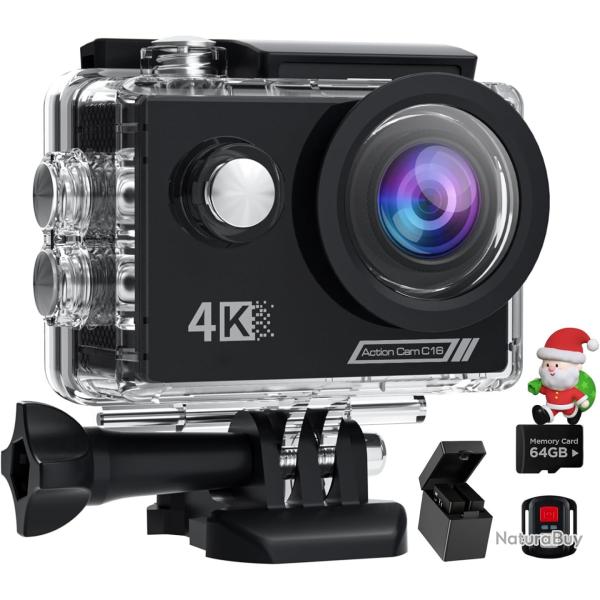 Cam�ra Sport 4K Carte 64GB 131ft �tanche 40M WiFi 48MP 60 FPS T�l�commande Batteries Kit Accessoire
