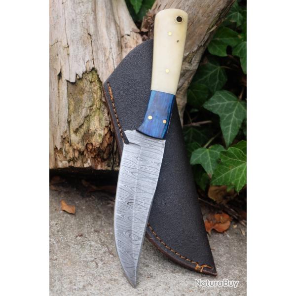 Skinner Couteau Damas Lame 256 Couches Lame Trailing Point Manche Os/Blue F Artisan Etui Simili Cuir
