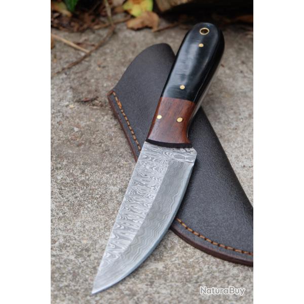 Skinner Couteau Damas Lame 256 Couches Lame Drop Point Manche R�sine Fabr Artisanale Etui Cuir 001
