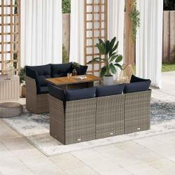 Salon de jardin 6 pcs avec coussins gris r&eacute;sine tress&eacute;e
