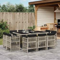 Ensemble &agrave; manger de jardin 11pcs avec coussins gris poly rotin