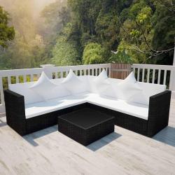 Salon de jardin 4 pcs avec coussins R&eacute;sine tress&eacute;e Noir