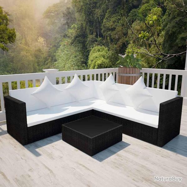 Salon de jardin 4 pcs avec coussins R�sine tress�e Noir