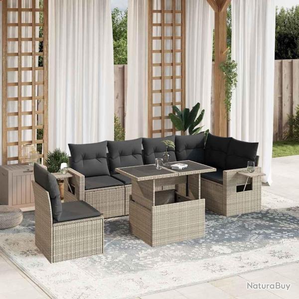 Salon de jardin avec coussins 7 pcs gris clair r�sine tress�e