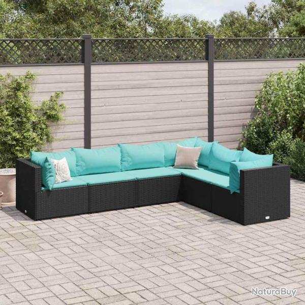 Salon de jardin 6 pcs avec coussins Noir R�sine tress�e