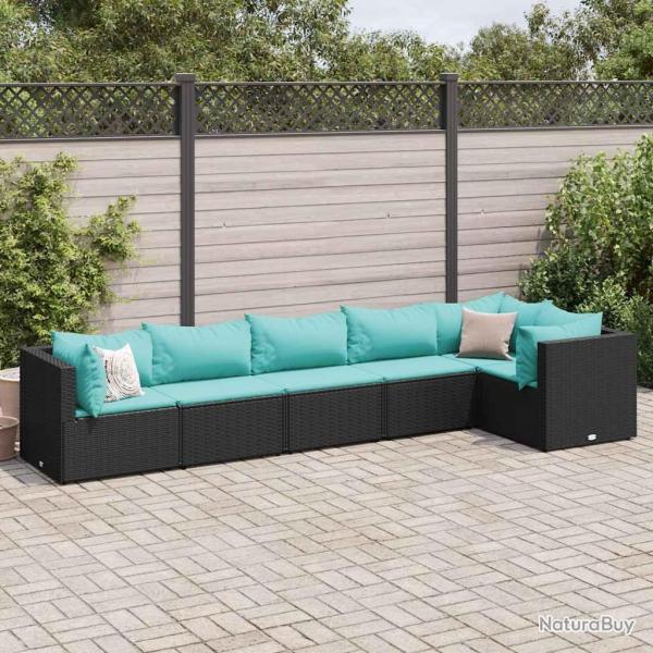 Salon de jardin 6 pcs avec coussins Noir R�sine tress�e