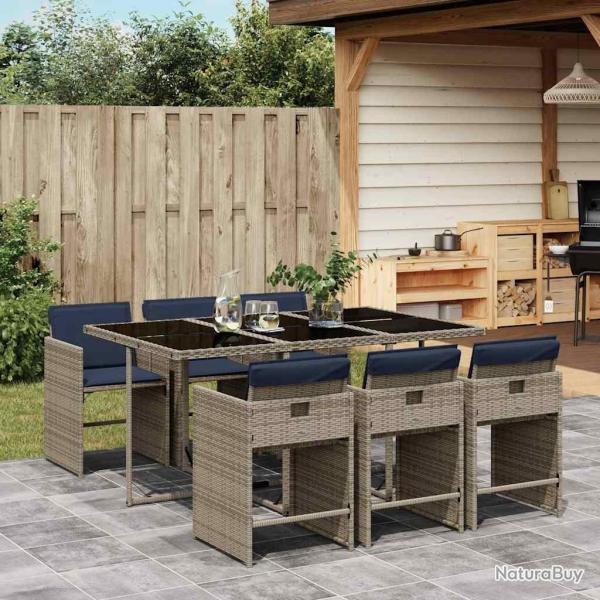 Ensemble � manger de jardin 7 pcs coussins gris r�sine tress�e
