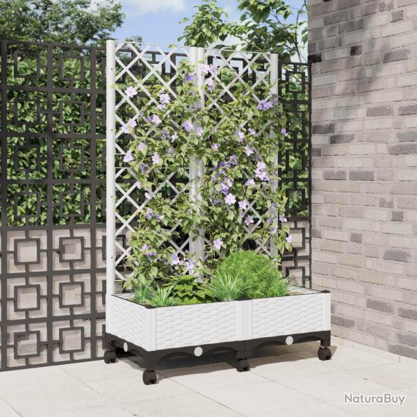 Bac de jardin avec treillis et roues Blanc 80 x 40 x 131,5 cm