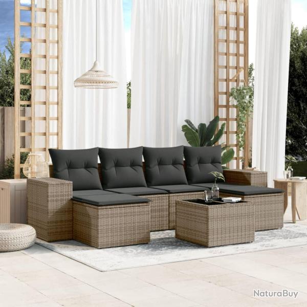 Salon de jardin avec coussins 7 pcs gris r�sine tress�e
