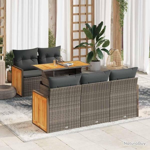 Salon de jardin avec coussins 6 pcs gris r�sine tress�e acacia