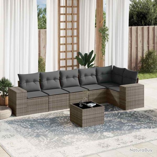 Salon de jardin avec coussins 7 pcs gris r�sine tress�e