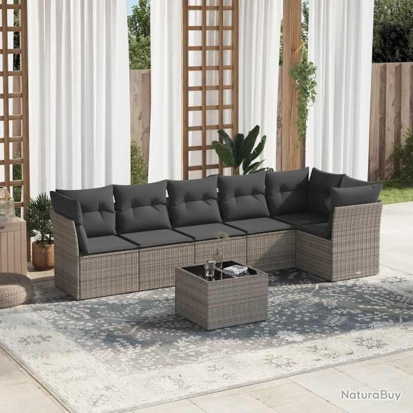 Salon de jardin avec coussins 7 pcs gris r�sine tress�e