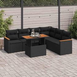 Salon de jardin avec coussins 7 pcs noir r&eacute;sine tress&eacute;e acacia