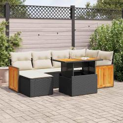 Salon de jardin avec coussins 7 pcs noir r&eacute;sine tress&eacute;e acacia